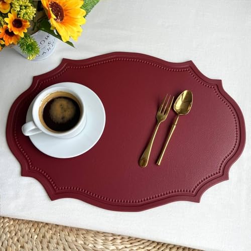 Tischset 6 Stück, Abwischbar Hitzebeständig Spezielle Form Platzset Modern, Tischset für Küchen Zuhause Esszimmertisch Restaurant, 43x29.5cm, Weinrot