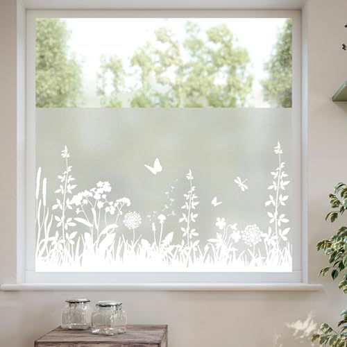 dktie Fensterfolie Blickdicht Sichtschutzfolie Fenster Milchglasfolie Botanisches Muster Statisch Haftend Anti-UV Kein Kleber Wiederverwendbar Geeignet für Wohnzimmer, Schlafzimmer 44,5 x 200 cm