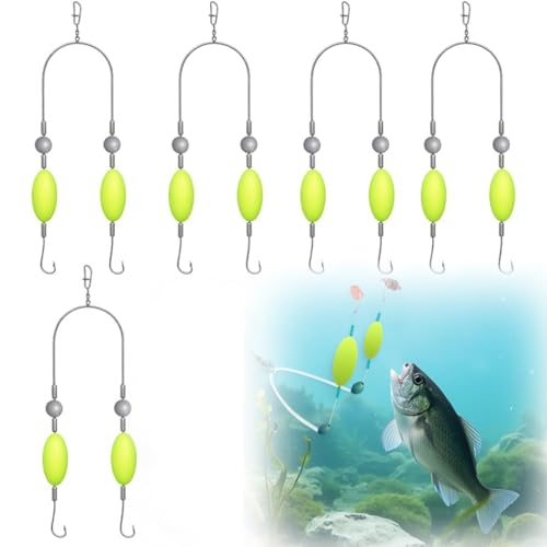 5 Stück Double-Hook Reverse Bottom Rig, Angelhaken Set, Doppelhaken mit umgekehrter Grundschnur, Doppelhaken zum Angeln, verhedderungssicheres Split-Haken-Design für Süßwasser und Salzwasser