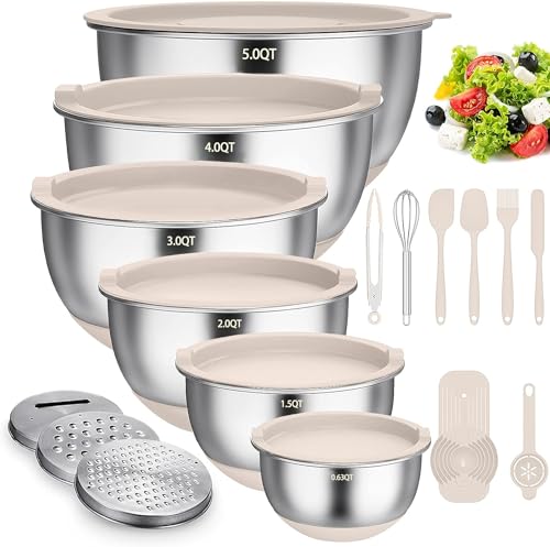 Terlulu Rührschüssel 6er Set, Edelstahl Schüssel Salatschüssel Set mit Deckel & Silikonboden, 3 Reibenaufsätzen, 4.7l/3.8l/2.8l/1.9l/1.4l/0.6l, Rutschfest & Stapelbar - Khaki