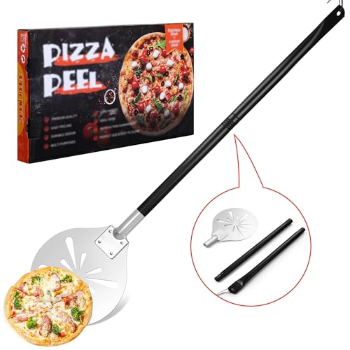 Homikit Pizzaschieber, 20 x 22,7 x 110 cm Edelstahl Perforierter Pizzaschaufel mit Abnehmbaren Griff, Rund Pizzawender zum Leichten Gleiten auf Pizzastein, Pizza Schieber für Backofen Grill Steinofen