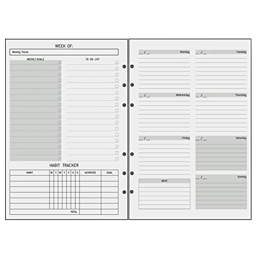 Wochenplaner Einlage A5 6 Löcher, Undatiert 52 Wochen, 1 Woche 2 Seiten mit To do listen Habit-Tracker, Extra Notizen Kontakt, Dicker Papier 100 gsm, Nachfüllpapier für A5 Ordner/Binder 6 Ringe