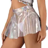 Flovel Damen Flared Faltenrock Glänzend Sehen Sie durch Röcke Hohe Taille Minirock Nachtclub Rave Party Glitter Rock für Frauen und Mädchen(S)