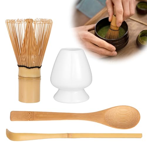 Zanfqvo 4-Teiliges Matcha Besen Set - Matcha Tee Set mit Matcha Whisk, Matcha Besen Halter aus Keramik, 2 Matcha Löffel - Japanisches Zubehör für Ceremonial Match (Weiß)