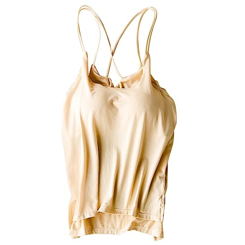 CGGMVCG Cami mit integriertem BH für Damen Baumwolle Camisole mit Spaghettiträger Stretch Unterhemd Gepolstert Tank Tops, Z02 Beige, XL