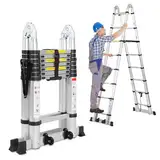 Jiubiaz Teleskopleiter 5M (2.5M+2.5M), Leiter Aluminium Ausziehbare mit Abnehmbarem Rollen und Stabilisatoren, Tragbar A-Rahmen Mehrzweckleiter, Max Belastung 150 kg(Silber)