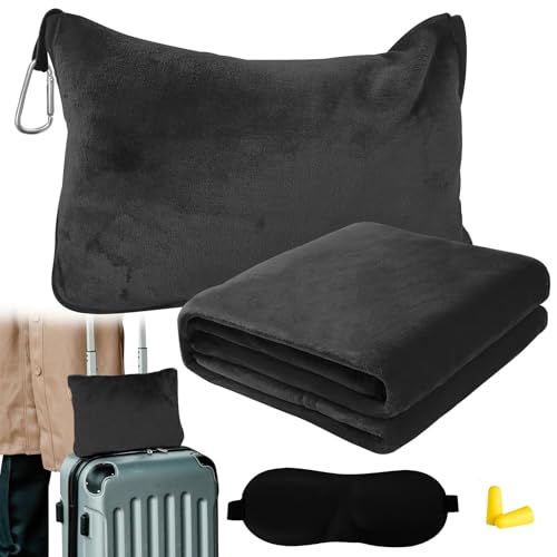 Bocguy Reisedecke Flugzeug, Kissen Decke 2 in 1, Reisedecke Ultraleicht Warm, Reise Decke mit Schlafmaske und Ohrstöpsel, Tragbare Travel Blanket für Camping, Geschäftsreisen (Schwarz)