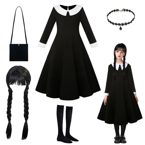 Dress up ein Mädchen für einen schwarzen Karneval,Gothic Kleid Mädchen,Schwarze gewebte Perücke, Mädchenkleidung,Kleidung Mädchen,Fancy Kleidung für Kinder und Mädchen