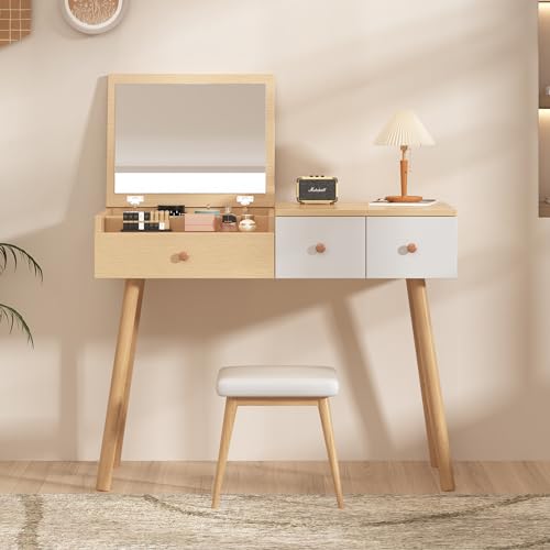 Merax Schminktisch, Kosmetiktisch mit Spiegel, Schminktisch aus Holz Mit Schubladen, Geteilter Stauraum, Große Lagerkapazität - B100/H78/T40 cm(ohne Hocker)