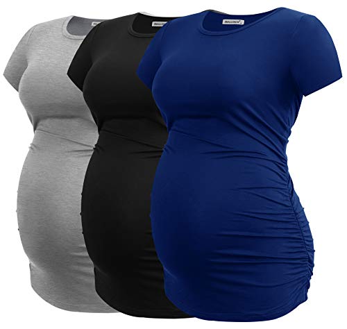 Smallshow Damen Umstandsmode Tops Seitlich Geraffte Schwangerschafts Umstandstop 3er Pack Black/Grey/Navy M