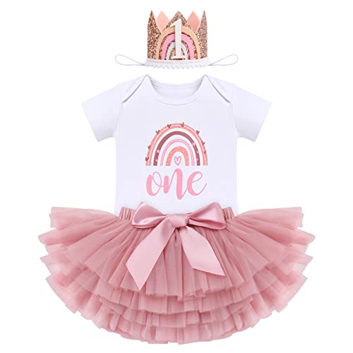 FYMNSI Baby Mädchen Boho Regenbogen 1. Geburtstag Outfit Baumowlle Kurzarm Strampler Body Tütü Tüll Rock Mini Krone Hut Erster Geburtstag 1 Jahr Alt Party Fotoshooting Bekleidungsset Dunkelrosa