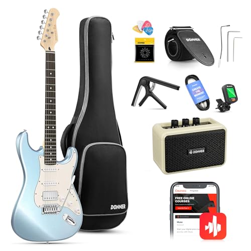 Donner E-Gitarre, DST-152R E Gitarren Set HSS Pickup Coil Split, Elektrische Gitarre Beginner Set mit Verstärker, Tasche, Zubehör, Metallic Eisblau