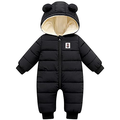 LSERVER Neugeborener Strampler Baby mit Kapuze Fleecever Dickter Jungen Schneeanzug Mädchen Warmer Daunen Overall Kinder Niedliche Winter Anzüge, Schwarz, 90, 86-92