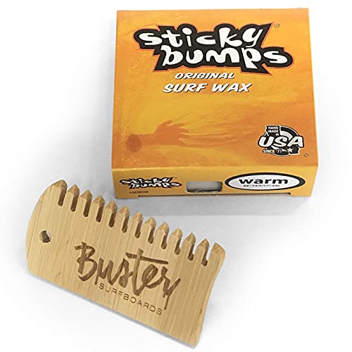 Buster Surfboards Sticky Bumps Original Surfboard Wax Set mit Surf Grip Surfwachs Bambus Waxkamm Temperatur Warm 17°C - 24°C | Anti-Rutsch Board Wachs mit Kamm