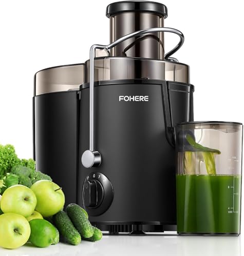 FOHERE Entsafter für Obst und Gemüse in Edelstahl, 400W Zentrifugaler Entsafter 65 MM Einfüllöffnung und 3 Geschwindigkeiten, Anti-Tropf-Funktion und Überhitzungsschutz inkl Reinigungsbürste, Schwarz