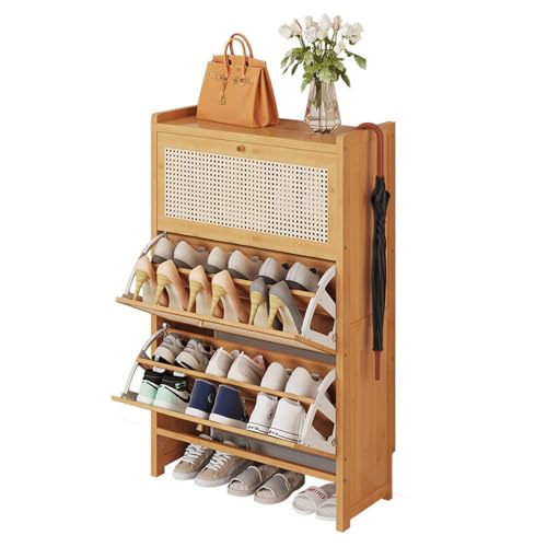 Rattan-Schuhschrank mit 3 hochklappbaren Türen, 24 cm, freistehender, schmaler Schuhschrank für den Eingangsbereich, Bambus-Schuhaufbewahrungs-Organizer, Schuhregal, Aufbewahrungsschrank für Wohnzimm