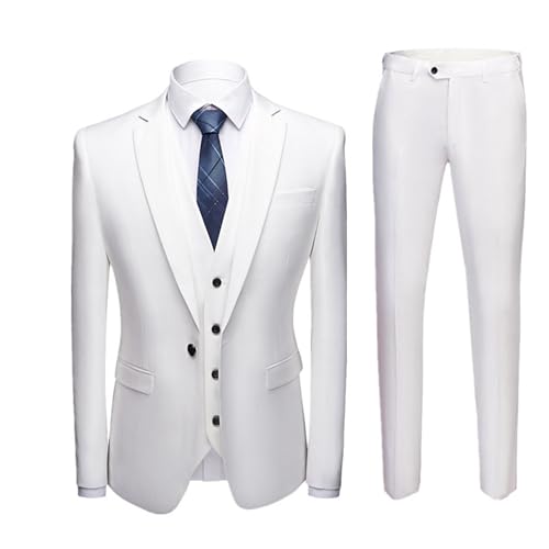 Herren 3 Stück Slim Anzug Set Casual 1 Knopf Business Hochzeit Prom Smoking Anzüge Solide Blazer Jacke Weste Hose (Weiß,M)