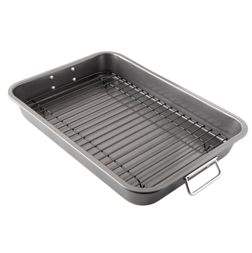 Chef Pomodoro - Ofenform mit Rost - Grau - 41 x 28 cm - Antihaftbeschichtet - Großer Bräter mit Rost & Fettauffangschale - Perfekt für Fleisch, Fisch, Gemüse