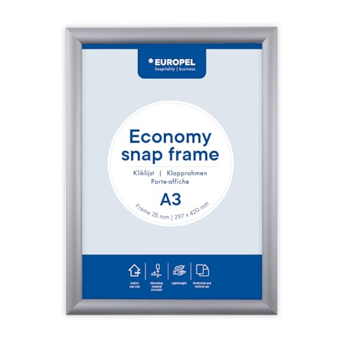 Europel Economy Klapprahmen, A3,Farbe Silber, Profil 25 x 11 mm, für Poster 29,7 x 42 cm, eloxiertes Aluminium, Antireflexfolie, Anzeige von Werbung, Hotel, Büro, Restaurant, Speisekarten