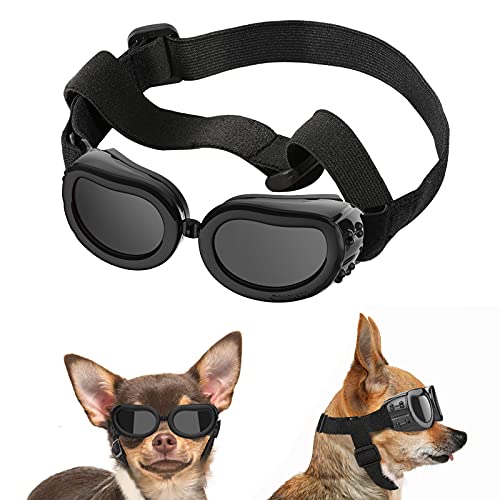 Lewondr Sonnenbrille für Hunde UV Schutzbrille, Hunde Winddichte & Antibeschlagbrille & Wasserdichter Hundebrille mit Einstellbar Gummiband für Kleine Hunde - Schwarz