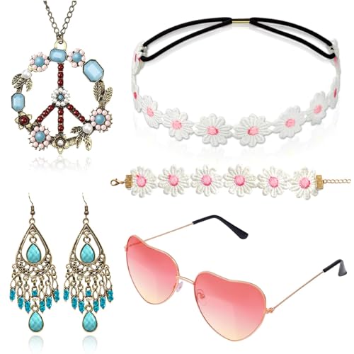 Alintor Hippie Accessoires Damen, Schlagermove, 5 Stück Flower Power Accessoires, Hippie Kostüm Damen Zubehör, 70er Jahre Bekleidung Damen, Peace Kette, Hippie Brille