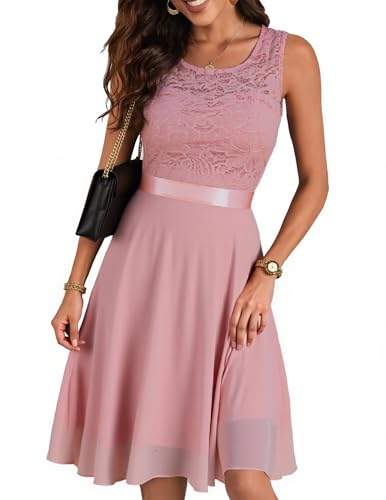 Berylove Damen Spitzenkleid Brautjungfer Elegant Party Knielang Cocktailkleid Chiffon Ärmellos BLP7005B-BlushL
