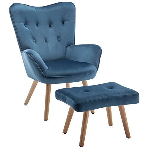 HollyHOME Ohrensessel mit Hocker Sessel mit Hocker Sessel Wohnzimmer & Schlafzimmer Samt Relaxsessel Lesesessel Lounge Sessels Armlehnensessel, Blau