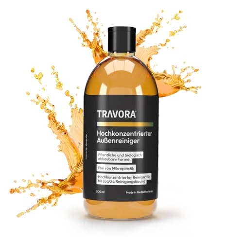 TRAVORA Hochkonzentrierter Bio-Außenreiniger für Caravan, Camper & Auto - bis zu 50L Reinigungslösung - biologisch abbaubares Auto Shampoo & Caravan Reiniger - 500ml Wohnwagen Reiniger aussen