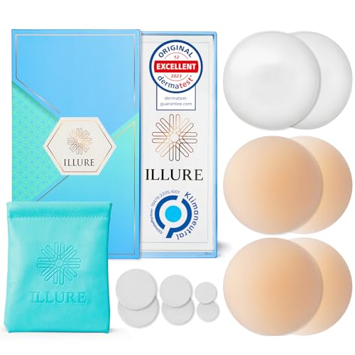 ILLURE® Nippelpads – Damen Nipple Cover [2 Paar] mit Brustwarzenschutz - Nipple Pads wiederverwendbar & waschbar - dünne Selbstklebende Brustwarzen Nippelabdeckung aus hypoallergenem Silikon [8 cm]