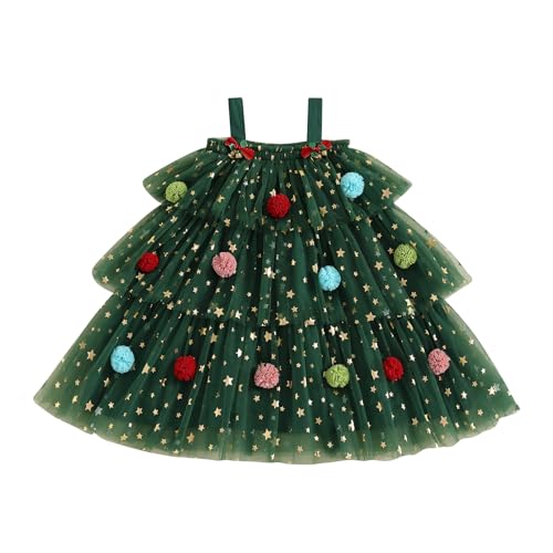 MAHUAOYIXI Baby Mädchen Weihnachtskleid Weihnachten Stern Druck Weihnactsbaum Kleid Ärmelloses Quadratischer Ausschnitt Geschichtetes Tüll Kleid Mit Plüsch Ball Weihnachtsmütze (Grün, 2-3 Years)