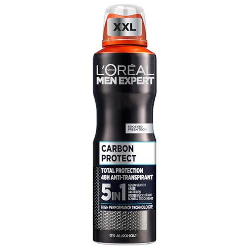 L'Oréal Men Expert XXL 5in1 Deospray für Männer, Bodyspray gegen starken Schweißgeruch, Schwitzen, Achselnässe und weiße Rückstände, Herren Deo Antitranspirant ohne Alkohol, Carbon Protect, 1 x 250ml