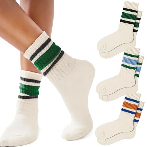 Kinretixia 3 Paar Lustige Gestreifte Crew Socken für Damen, Retro 80er Baumwolle socken, Sportliche Y2k Gothic Socken, Lässige Tube Socken, Gestreifte Damen Socken
