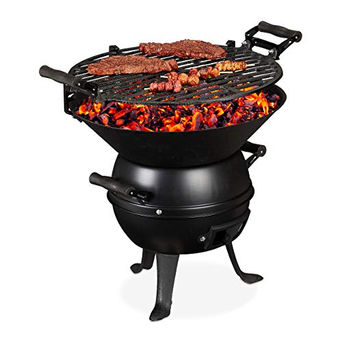 Relaxdays Grillfass, Gusseisen und Stahl, höhenverstellbar, tragbar, Barbecue Holzkohlegrill, Grillrost Ø 35 cm, schwarz, 39 x 46 x 36 cm