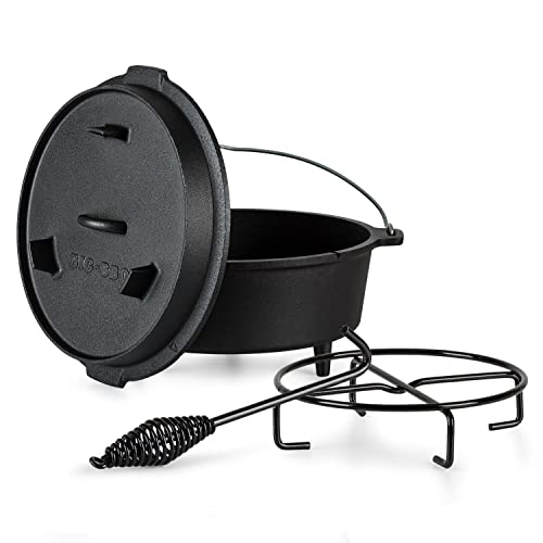 ToCis Big BBQ Dutch Oven Set Guernsey | fertig eingebrannter 6qt Gusseisen Topf | 7.3 Liter Feuertopf | Dutch Oven Zubehör inklusive Deckelheber und Topfständer | Raketenofen Outdoor mit Füße