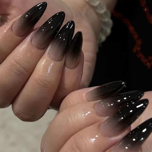 24 Stück Kunstnägel für Halloween - Gradient Schwarz Gradient Vollabdeckung Nägel zum Aufkleben - lang, schwarz, zum Aufdrücken Künstliche Nägel für Frauen (Black Gradient)