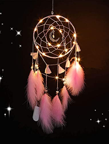 Nice Dream Traumfänger mit LED Licht, Handgemachte Dreamcatcher mit Federn, Maiden Zimmer Schlafzimmer Romantische Dekoration, für Wandbehang Wohnkultur Ornamente Handwerk Rosa