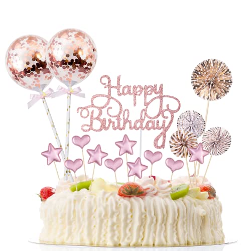 17 Stück Tortendeko Geburstagstorte, Happy Birthday Kuchendeko, tortendeko Gold, Glitter Cake Topper Happy Birthday, Cupcake Topper mit Sternen Liebe Konfetti-Luftballons und Papierfächer