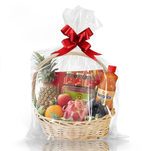 WIKDAY Transparente Geschenktüten, 61 x 76,2 cm, große Zellophanfolie für Geschenkkörbe, Verpackungsprodukte, Kunststoff, mit Bändern zum Verschenken, Verpacken, 10 Stück