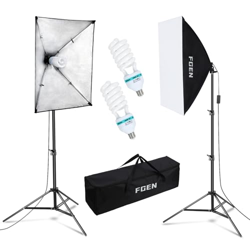 Softbox Fotostudio Set,FGen 135W Fotolicht 2x50x70cm Beleuchtung Kit für Fotostudios mit E27 Sockel 5500K Fotolampe und 2M verstellbare Lichtstative für Studio-Porträts,Produktfotografie