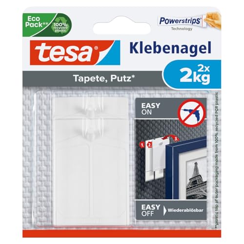 tesa Klebenagel für Tapeten und Putz / Selbstklebende Nägel für empfindliche Oberflächen / Leicht anzubringen und zu entfernen - rückstandslos / 2 x 2kg Halteleistung