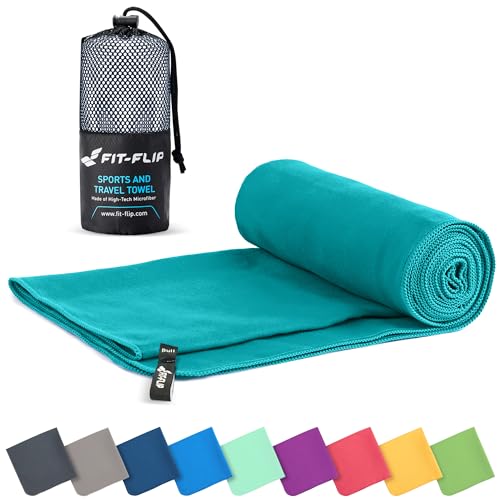 Fit-Flip Mikrofaser Handtuch - kompakte Microfaser Handtücher - ideal als Sporthandtuch, Reisehandtuch, Strandtuch - schnelltrocknend und leicht - Badetuch groß (90x180cm, Petrol)