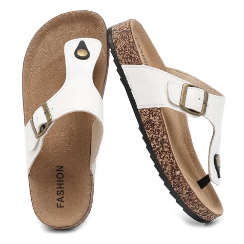 Pelbiuqik Zehentrenner Damen Herren, Pantoletten Hausschuhe mit Kork-Fußbett Schlappen mit Verstellbarer Rieme Sandalen für den Sommer