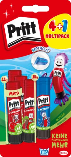 Pritt Klebestift, sicherer und kinderfreundlicher Kleber für Kunst und Bastelarbeiten, starker Klebstoff für Schule & Bürobedarf, 4+1 Multipack, 5 Stück