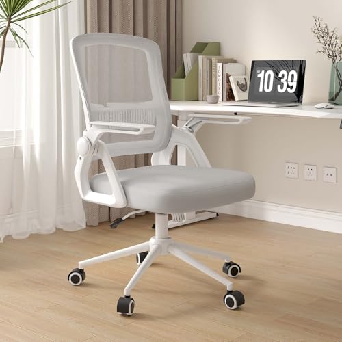 naspaluro Bürostuhl mit Hochklappbare Armlehnen, Schreibtischstuhl Ergonomisch, Drehstuhl mit Netzbespannung, Lordosenstütze, Höhenverstellbarer, Wippfunktion, Gepolstertem Sitzkissen, Grau