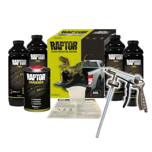 RAPTOR 2K Lack-Set Schwarz 3,79 Liter inklusive Härter I Extrem langlebige schützende und kratzfeste Beschichtung I Strukturfarbe inklusive Spritzpistole I Deckt über 12 m² ab