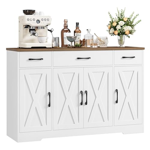HOCSOK Sideboard, 140 cm Breit Küchenschrank mit 2 Verstellbaren Regalen, Buffetschrank mit 3 Schubladen 4 Türen, Küchenbuffet für Wohnzimmer, Küche, Flur, Weiß