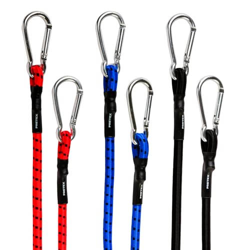 PRETEX 6 Expander mit Karabiner Haken- 3 verschiedene Längen und Farben - Hochbelastbare Spanngummi - Spanngurte mit starker Gummibeschichtung