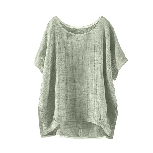 Day Prime Sommer locker Oversized Leinenbluse Kurzarm Vintage Leichte Bluse Basic Rundhals Damen T-Shirt Lässiges Bequemes Modisch Licht Hemdbluse Lässiges Atmungsaktive Elegante Blusenshirt