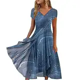 Damen Kleid Knielang Einfarbig Cocktailkleid Chiffon Sexy Sommerkleid V-Ausschnitt Partykleid mit Spizen Kurzarm Abendkleid Hoch Taille Partykleid Vintage Elegant A-Line Kleider