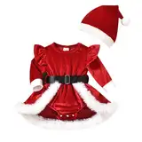 FYMNSI Baby M�dchen Weihnachtskleid Neugeborenes Weihnachtsmann Kost�m Kleinkind Weihnachten Partykleid Herbst Winter Samtkleid Santa Claus Langarmkleid Festliches Festkleid mit Hut Rot 6-9 Monate